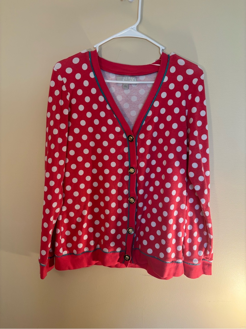 Carolyn Taylor Red Polka Dot V-Neck Cardigan with Contrast Trim